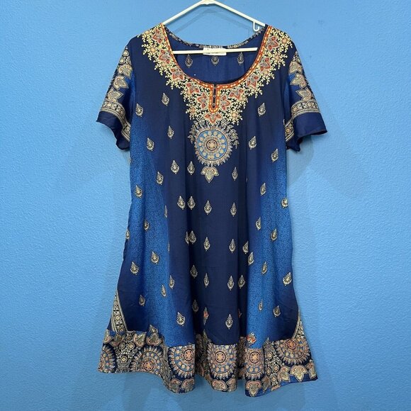 Lapogee India Blue Gold Polyester Dress New With Tags Women Size XL - Picture 1 of 16